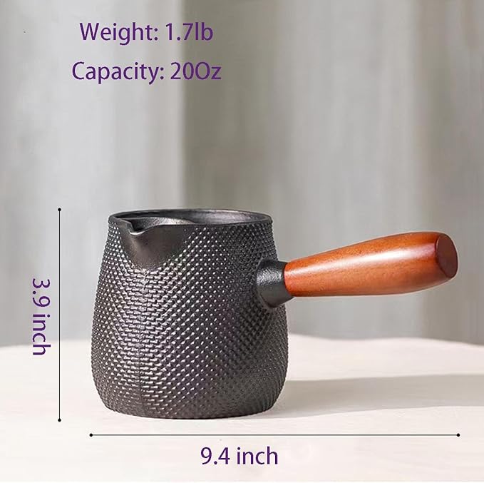 Cast Iron Teapot Stovetop-Tea Pourer Milk Pot Milk Steamer 20 oz-Loose Leaf Tetsubin with Wood Handle,Warm Milk Wine Tea Coffee Elegant Pot for Home Kitchen,Hotel,Restaurant and Office