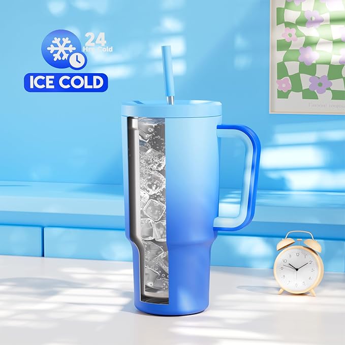 Meoky 30 oz Tumbler with Handle, Tumbler with Lid and Straw, Insulated Stainless Steel Travel Mug, 100% Leak-proof, Cupholder Friendly, Keeps Cold for 24 Hours or Hot for 8 Hours (Sky)