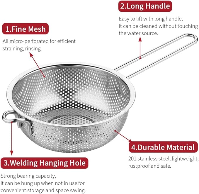 Stainless Steel Colander Fine Mesh Colander with Long Handle, Kitchen Metal Food Strainers with Resting Feet for Strain, Rinse, Fry, Steam or Cook Vegetables & Pasta & Wash fruits(COLOR:silver)