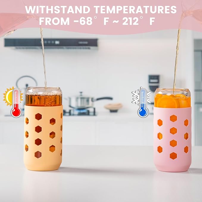 20 oz Glass Cups With Lids and Straws, 4-Pack Iced Coffee Cup - Smoothie Cup With Silicone Lid and Sleeve for Coffee Bar Accessory, Cute Drinking Glasses Set Reusable Glass Tumbler for Gifts