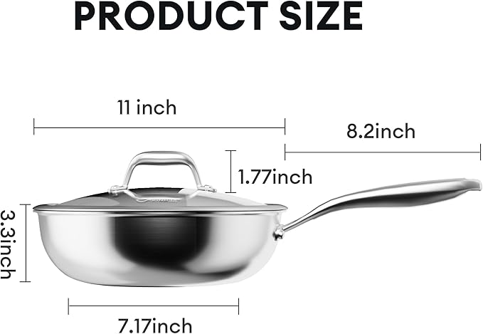 COOKER KING 11-Inch Hybrid Stainless Steel Wok with Lid, Nonstick Stir Fry Pan & Deep Frying Pan, Tri-Ply Clad Honeycomb Everyday Pan, Induction Ready, Oven & Dishwasher Safe, PFOA Free