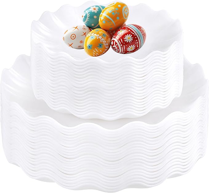 LIYH 50 Pcs White Scalloped Plastic Plates Reusable - Unbreakable Plastic Plates for Weddings Party Outdoor Picnics Dishwasher Safe BPA Free Easter (25Guests)