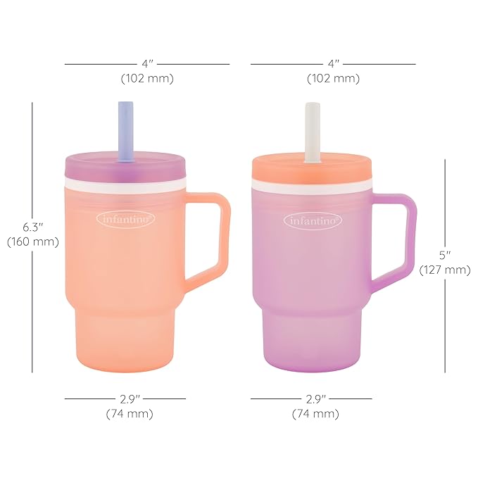 Infantino My 1st Tumbler, Durable Plastic Sippy Cup with Silicone Leak-Resistant Straw & Handle, for On-the-Go, BPA-Free Transition Cup, Seashell & Lavender, 2-Pack