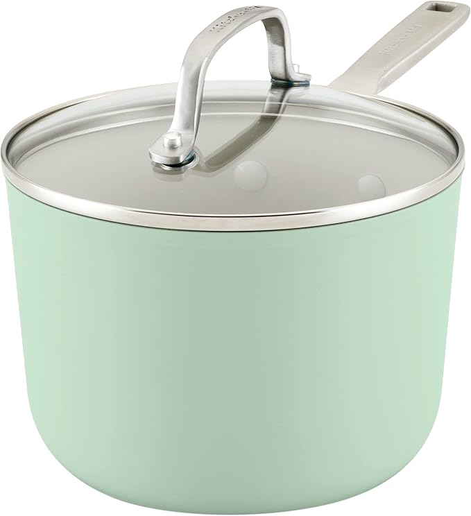 KitchenAid Hard Anodized Ceramic Nonstick Cookware Sauce Pan with Lid, 3 Quart - Pistachio