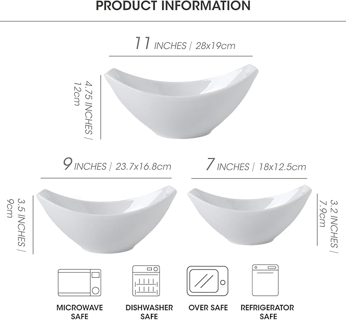 3 Piece Serving Bowls with Handle, Porcelain Serving Dishes, for Entertaining, Party, Housewarming, Christmas, Baby Shower, Microwave, and Dishwasher Safe, 15/28/47 oz, White