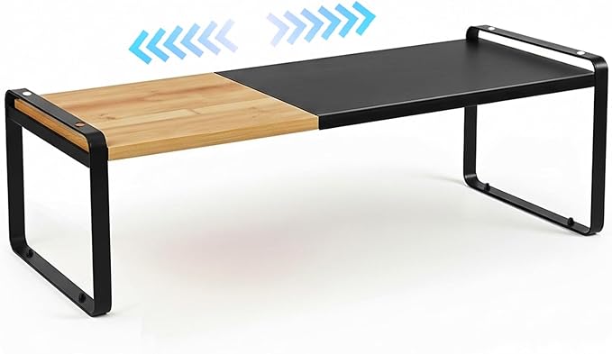 Expandable Kitchen Counter Shelf Organizer, Black Coffee Bar Accessories & Station Decor, Industrial Cabinet Riser with [Secure Interlocking Design], Heavy Duty Metal Rack for Mugs (Bamboo/Black)
