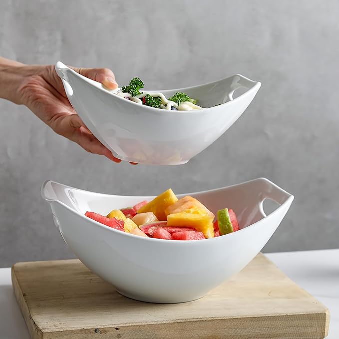 Ceramic Serving Bowls with Handles, Large Salad Bowl Set for Entertaining, Mixing, Serving Dishes for Parties, Kitchen, Housewarming & Everyday Use, Set of 3, 15/28/49 oz
