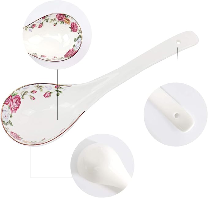 Big Porcelain Spoon Bone china Large Porridge Spoons White Ceramic Flatware Soup Spoons Long Handled Flower Pattern Scoop(Flower Pattern)