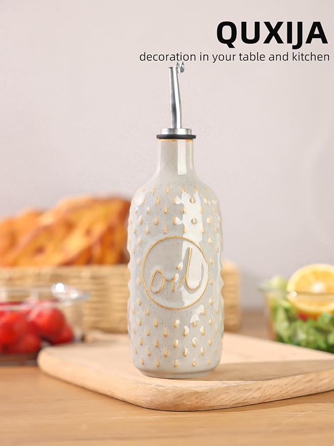 Ceramic Olive Oil Dispenser Bottle,15 Oz Oil Dispenser for Kitchen Counter,Suitable for Storage Oil, Vinegar, Coffee Syrups & Other Liquids (Vintage Grey)
