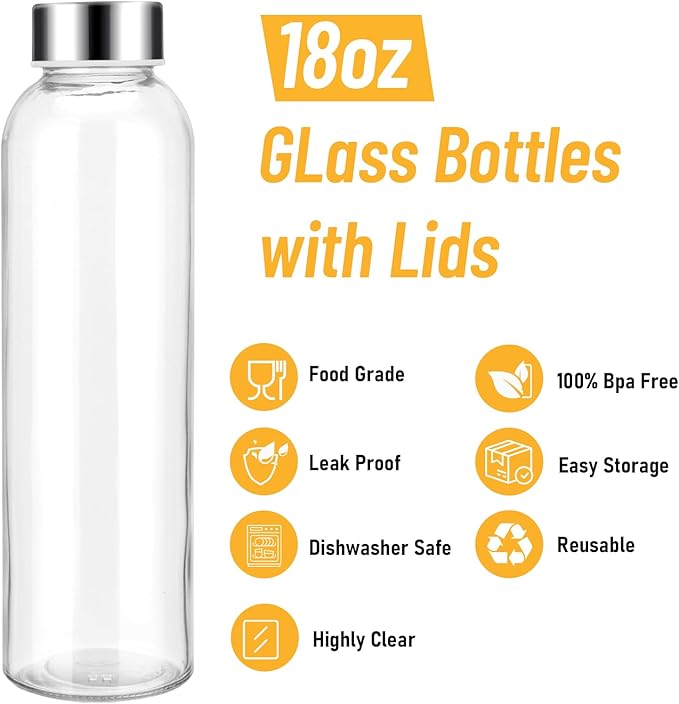 Sursip [12 Pack] 18 oz Glass Water Bottles with Lids, Juice Bottles, Clear glass juice bottle for juicing, Eco-Friendly Reusable Glass Juicing Bottles with Stainless Steel Lid, BPA Free,Leak-Proof