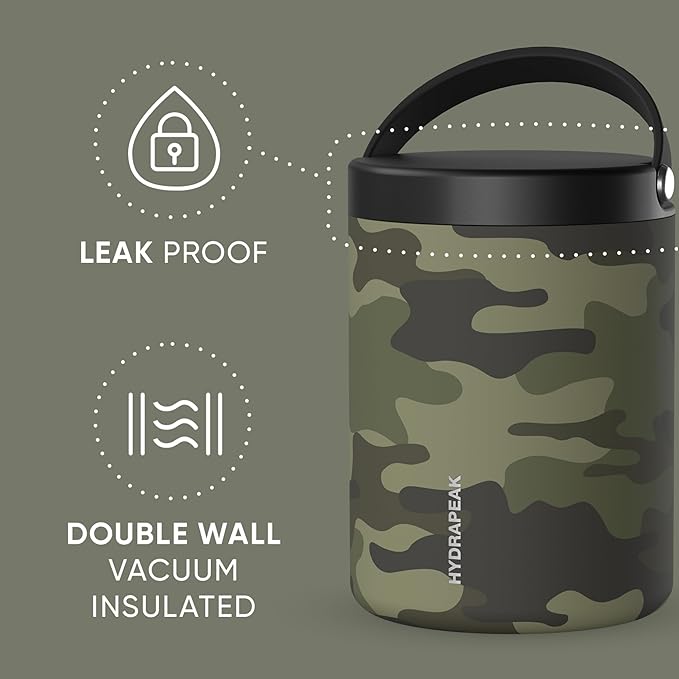 Hydrapeak 32oz Stainless Steel Vacuum Insulated Food Jar | for Hot Food and Cold Food, Wide Mouth Leak-Proof Soup for Adults, 10 Hours Hot and 16 Hours Cold (Camo) (Pack of 2)