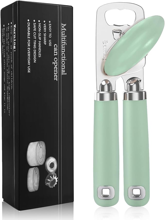 Can Opener Manual, Heavy Duty Stainless Steel Smooth Edge Can Opener With Soft Touch Handle, Oversized Handheld Easy Turn Knob, Multi-Function Bottle Opener, Mint