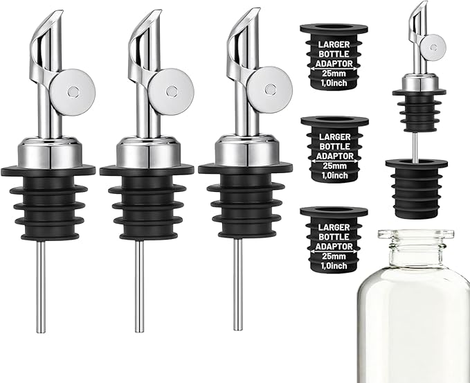 3 Pack Olive Oil Pour Spout with Adapters, Oils Pourer for Olive Oil Dispenser Bottle, Easily Turn Your Bottles into Dispensers for Liquor, Vinegar, Oils, Syrup, Liquor Bottle Pourers, Silver