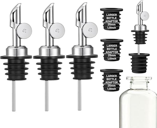 3 Pack Olive Oil Pour Spout with Adapters, Oils Pourer for Olive Oil Dispenser Bottle, Easily Turn Your Bottles into Dispensers for Liquor, Vinegar, Oils, Syrup, Liquor Bottle Pourers, Silver