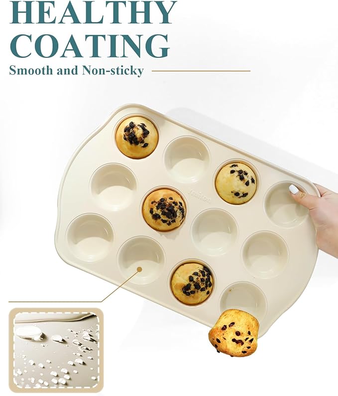 Nonstick Muffin Pan with 12 Silicone Baking Cups, Carbon Steel Muffin Tin for Muffins, Cupcakes, Egg Bites and more, Non Toxic, Easy to Clean, Dishwasher Safe, Sunshine Cream