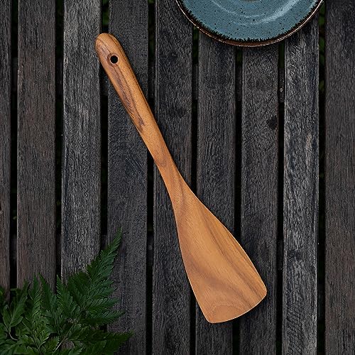 FAAY Teak Wooden Turner, Saute Paddle, Spatula, Compact - XL Size, Healthy and High Moist Resistance for Non Stick Cookware (12 Inch Flat Edge Spatula)