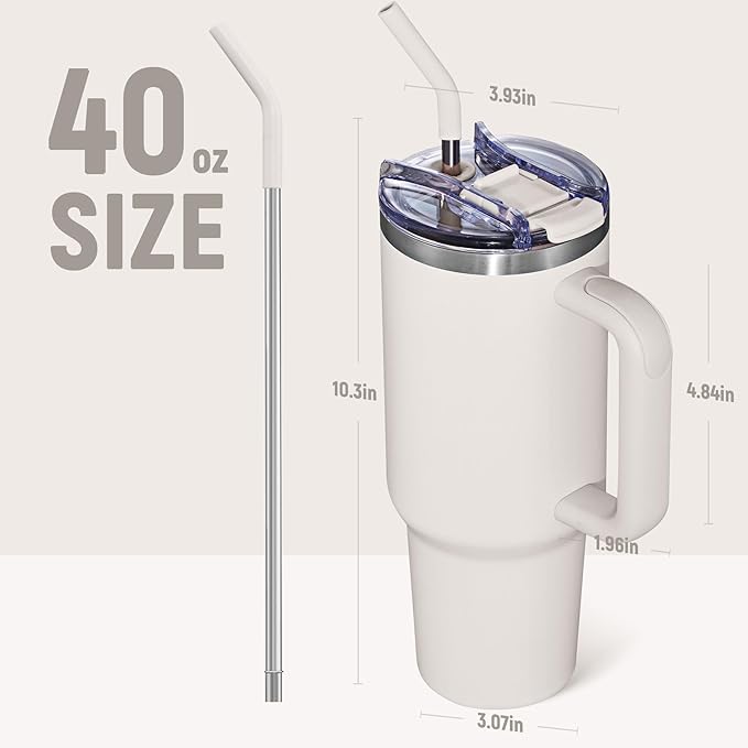 COKTIK 40 oz Tumbler With Handle and Straw, Insulated Tumbler With Leakproof Lids, Stainless Steel|BPA-Free, Cold for 24 H (Beige)