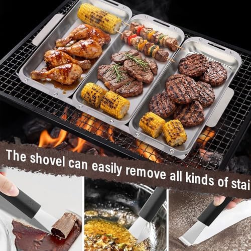 BBQ Vegetable Grill Basket Set, 4 Piece Stainless Steel Grill Pan Set with Universal Handle & lid, Dishwasher Safe, for Outdoor Cooking, Camping, Picnic, For Grilling Fish Veggies & Meats