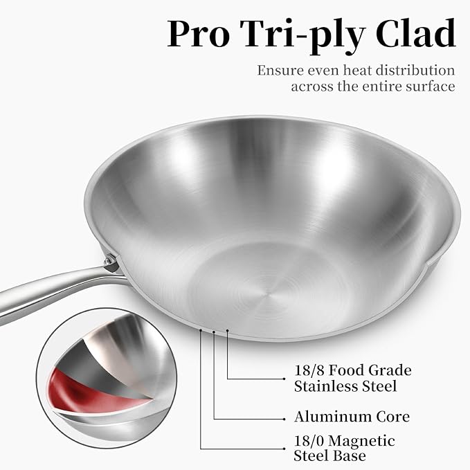 Inqibee 11 Inch Stainless Steel Wok Pan with Lid, Tri-ply Stainless Steel Frying Pan, Stir-Fry Pans & PFOA-Free Woks, Induction Compatible, PFOA Free, Dishwasher & Oven Safe