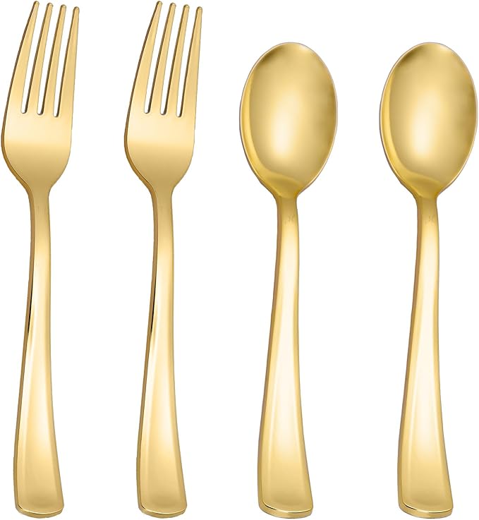 N9R 200PCS Gold Plastic Silverware, Heavy Duty Disposable Cutlery Set for Parties, gold forks and spoons disposable Includes 100 Spoons and 100 Forks for Wedding, Birthday, Dinner