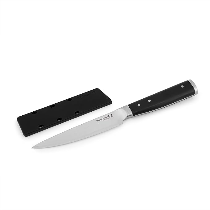 KitchenAid Gourmet Forged Triple Rivet Fine-Edge Utility Knife with Custom-Fit Blade Cover, 4.5-inch, Sharp Kitchen Knife, High-Carbon Japanese Stainless Steel Blade, Black