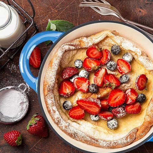 Enameled Cast Iron Dutch Oven with Lid, 3 Quart Heavy Duty Cookware Pot with Dual Handles for Bread Baking, Braising, Stews, Roasting and Oven Safe, Blue