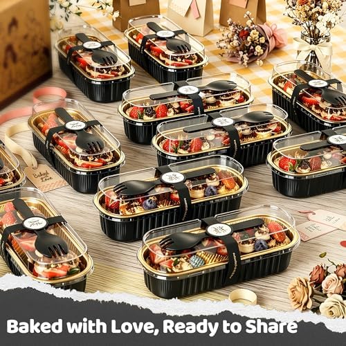 100 Pack Mini Loaf Pans with Lids and Spoons, 6.8oz Mini Cake Pans for Baking, Disposable Rectangle Aluminum Foil Small Loaf Baking Pans Cake Tins, Individual Small Cake Containers with Sticker, Black