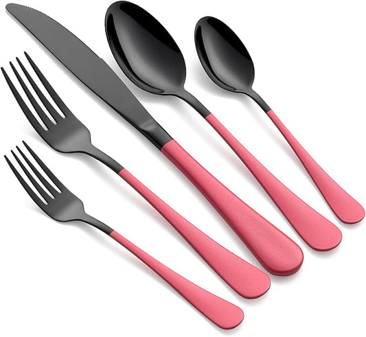 20-Piece Pink Silverware Set 18/0 Stainless Steel Black Silverware Set Yellow Handle Cutlery Black Set Service for 4 Dinner Knives Forks Spoons Set Flatware Set Finish Dishwasher Safe