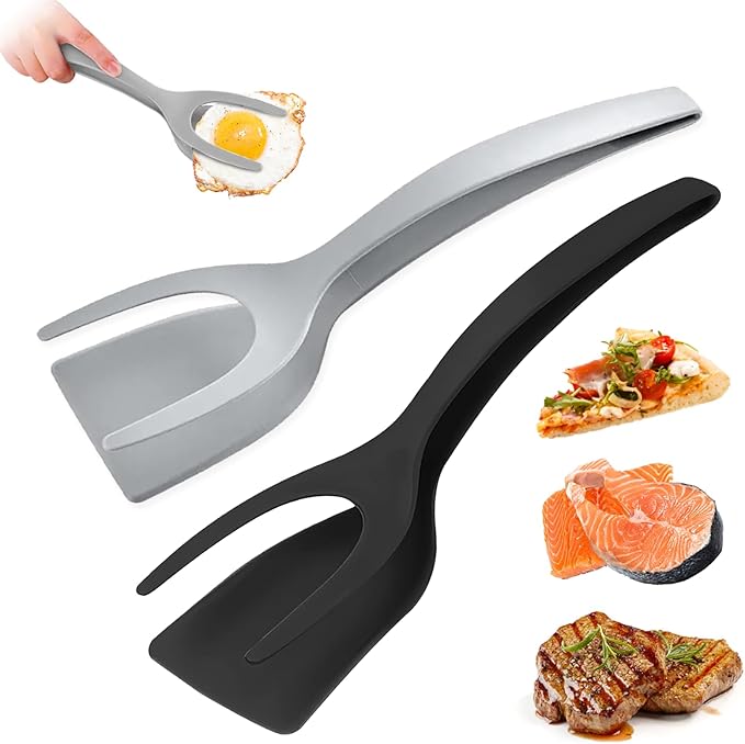 Egg Flipper Spatula 2 in 1 Grip and Flip Spatula Tongs Egg Spatula Flipper Made of High temperature resistant Nylon with Non-Stick Coating Egg Flipper for Home Kitchen Cooking Tool (black and gray)