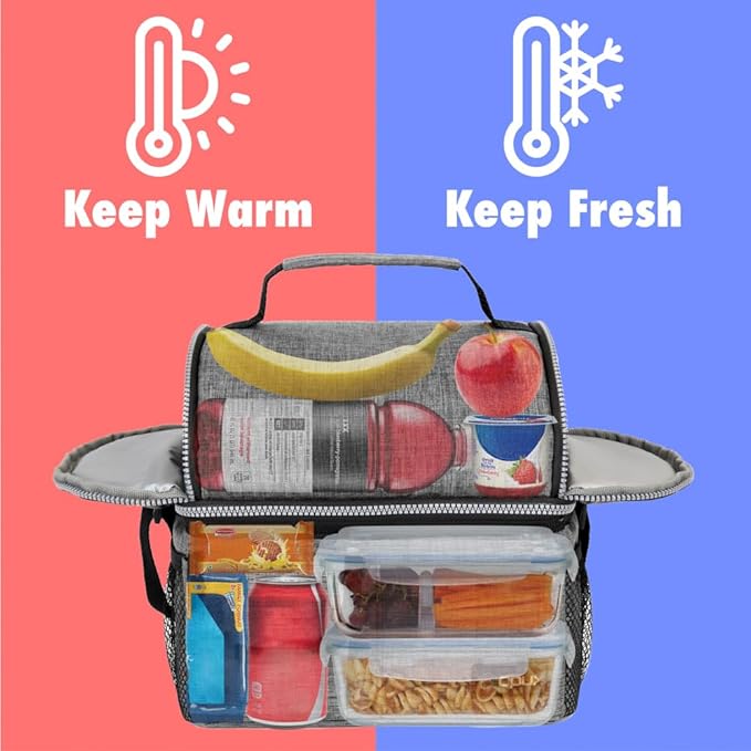 opux Lunch Box for Men, Adult Lunch Box Cooler, Insulated Lunch Bag Women, Dual Compartment Lunchbox for Work, Leakproof Double Decker Lunch Bag, Soft Lunch Pail Tote Boys Girls Kids School, Gray