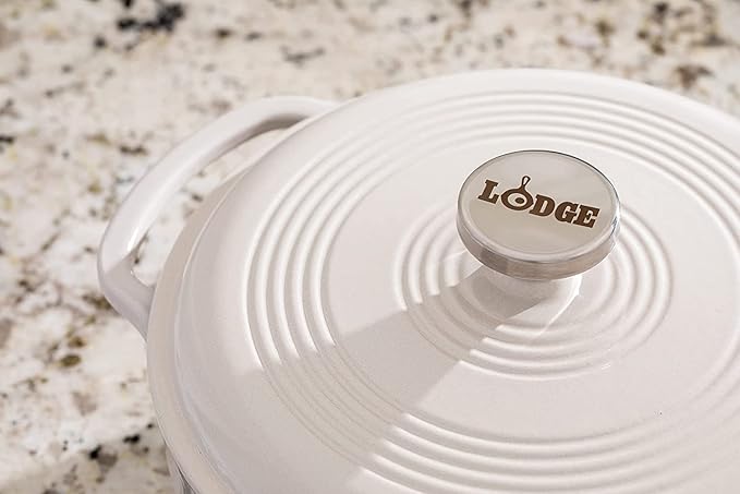 Lodge Essential Enamel Cast Iron Dutch Oven with Lid - Induction- Oven-Safe Enamel Cookware up to 500° F - Heat-Retaining Braising & Roasting Pot - Non-Toxic Cookware - 7.5 Quart, Oyster White