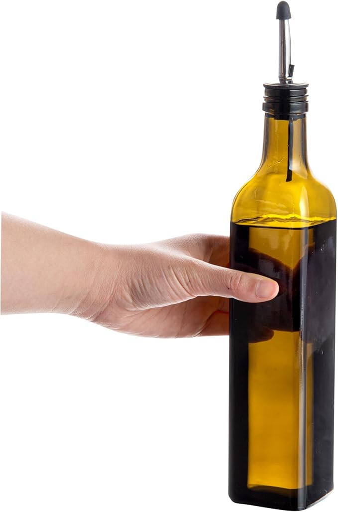 Restaurantware RW Base 16.9 Ounce Olive Oil Dispenser 1 Kitchen Oil Dispenser Bottle - With Stainless Steel Pourer Non-Leaking Amber Glass Olive Oil Pourer For Cooking Or Salad Dressings