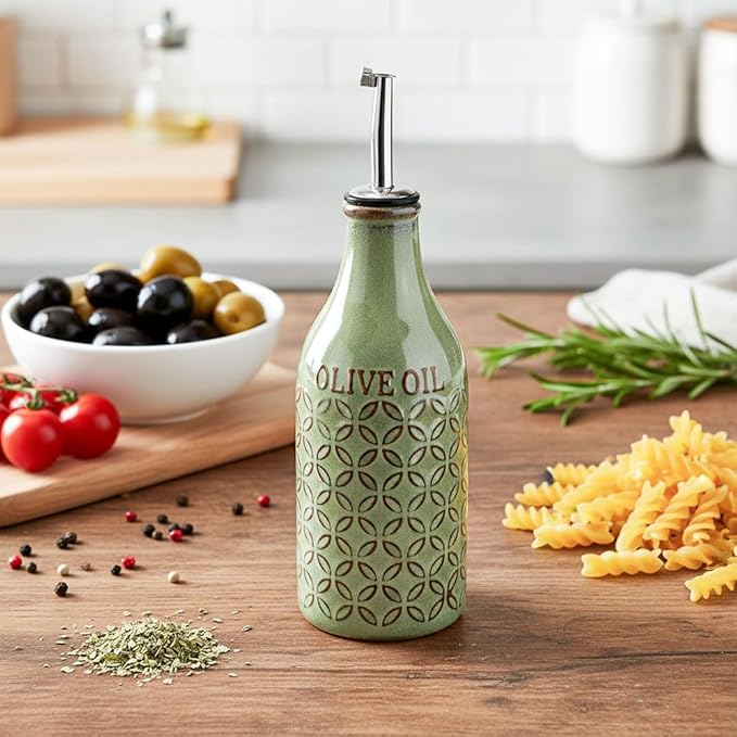 KXZ 19 oz Ceramic Olive Oil Dispenser Bottle for Kitchen, Large Capacity Oli and Vinegar Cruet with Stainless Steel Spout, 540 ml Oil Container with Handle for Cooking Preventing, Vinegar Cruet