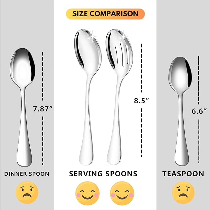 VIVANI 4-Piece Stainless Steel Buffet Serving Spoons Set, Include 2 Serving Spoons and 2 Slotted Spoons, Dishwasher Safe for Buffet, Catering and Party, 8.5 Inches