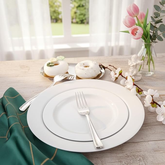 FLOWERCAT 60PCS White Plastic Plates - Heavy Duty White Disposable Plates for Easter Party/Wedding -serve for 30 guests Include 30PCS 10.25" & 30PCS 7.5" Plates for Party