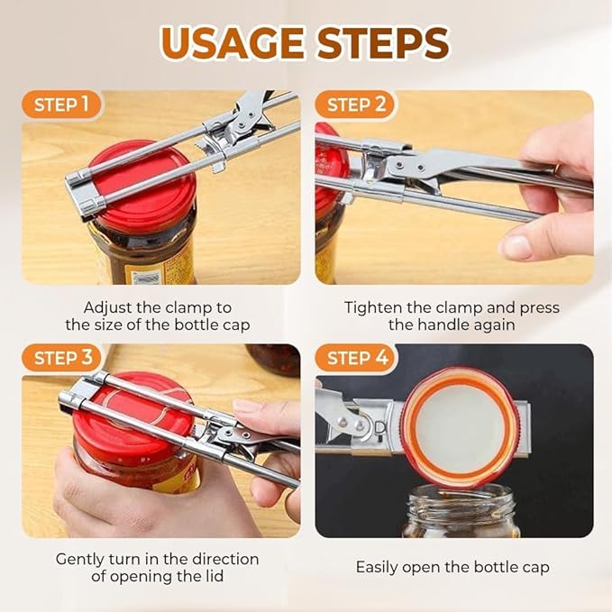 Adjustable Stainless Steel Jar Opener - Easy-Grip Kitchen Gadget for Jars, Bottles & Lids, User-Friendly Leverage Design,Effortless Grip for Seniors & Weak Hands (2PC)