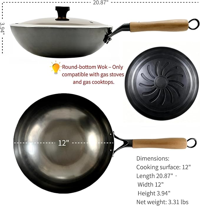 12" Pre-Seasoned Round Bottom Carbon Steel Wok with Lid - Hand-Forged Commercial Grade Chinese Wok for Open-Flame Gas Stovetops - Fast Even Heating, Ready-to-Use Toxin-Free Cooking, Easy Maintenance