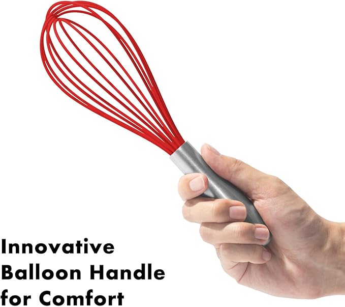 10-Inch Red Silicone Whisk, Heat Resistant 480°F Kitchen Whisk with Stainless Steel Ergonomic Handle, Non-Scratch for Nonstick Cookware, Dishwasher Safe, Perfect for Blending, Cooking & Beating