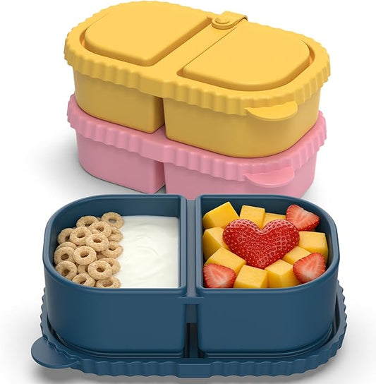 6 Pack Reusable Silicone Snack Containers with Lids, 2 Compartment Leakproof Food Storage Containers, BPA-Free Portable Snack Boxes for Lunch, School, Adults