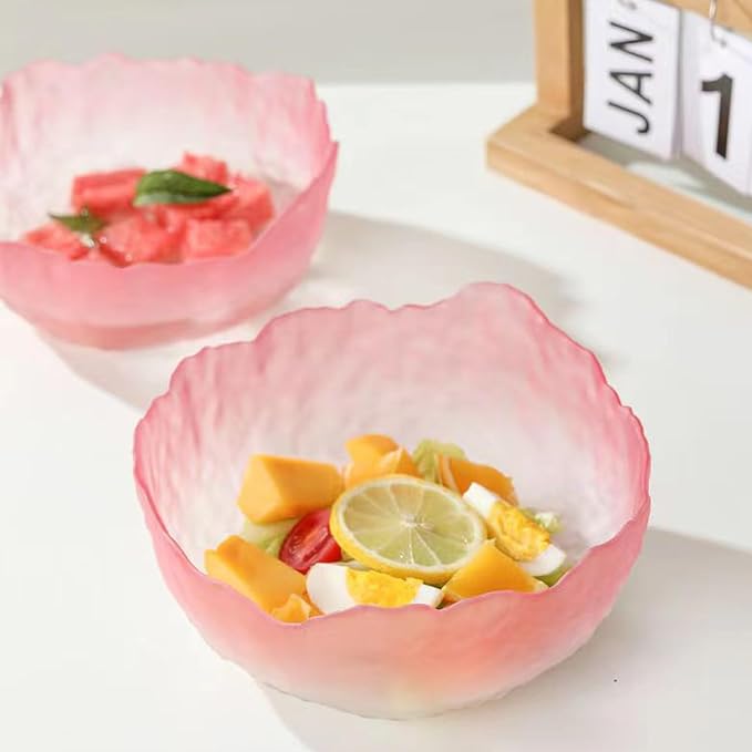 Glass Salad Bowl Irregular Lotus Flower Shape Serving Bowls, Mixing Nut Bowls for Kitchen Fruist, Snack, Dessert, and Ice Cream Candy Dishes (Crystal Gradient Pink, Medium)