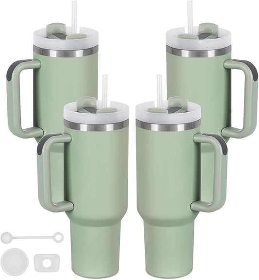 4 Pack 40 Oz Tumbler with Handle Bulk, Double Wall Vacuum Insulated Stainless Steel Tumbler with Lid and Straw, 40 oz cup with Silicone Spill Proof Stopper Set (Dark Green)