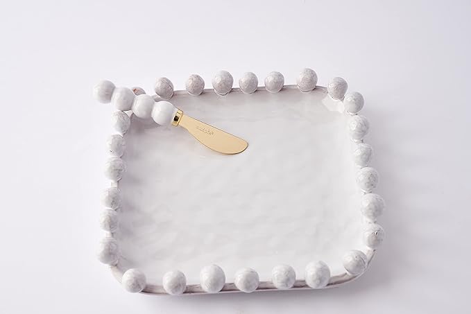 Mud Pie Beaded Boxed Cheese Set, Plate 9" x 9" | Spreader 6 1/2", White