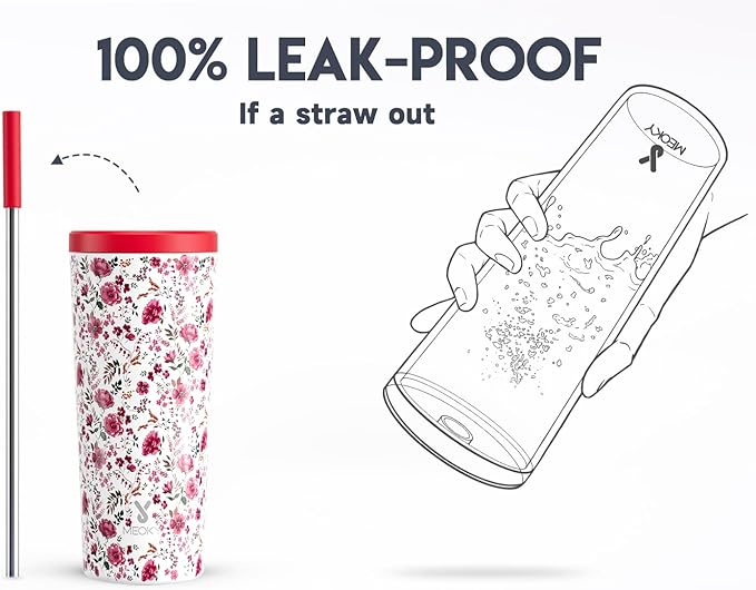Meoky 24 oz Insulated Tumbler with Lid and Straw, Stainless Steel Vacuum Insulated Tumbler, Keeps Cold for 24 Hours, 100% Leak Proof, Fits in Car Cup Holder (Petal)