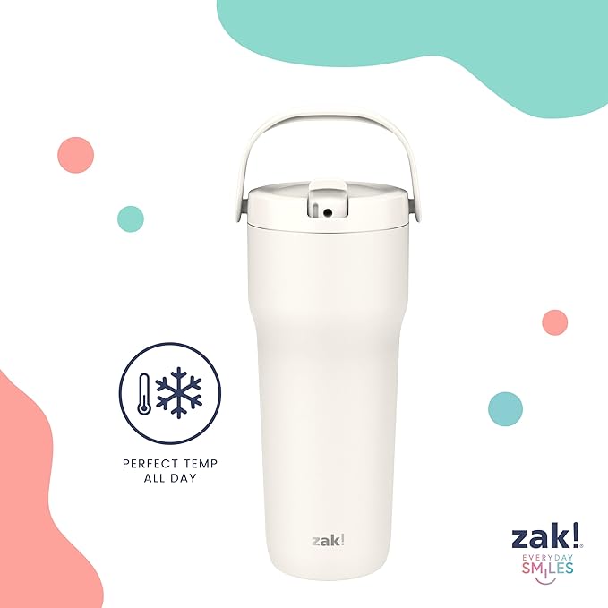 Zak Designs Sutton Travel Tumbler for On the Go, 30oz Stainless Steel with Vacuum Insulation, Straw Spout, Carry Handle for Cold Drinks (So Sweet Pink)
