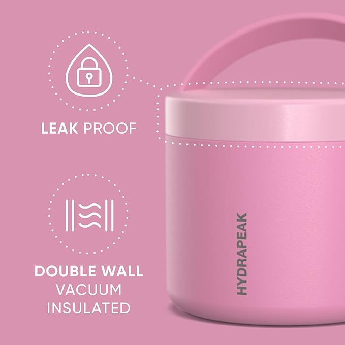 Hydrapeak 18oz Stainless Steel Vacuum Insulated Food Jar for Hot Food and Cold Food, Wide Mouth Leak-Proof Soup for Adults, 10 Hours Hot and 16 Hours Cold (Bubblegum)