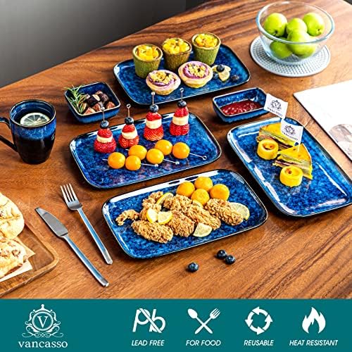 vancasso Stern Serving Platters Set of 4, 11 Inches Rectangular Ceramic Serving Plates, Blue Serving Trays for Entertaining