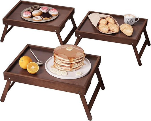 3 Pack Bamboo Bed Tray Table with Folding Legs,Breakfast Trays,Serving Tray,Laptop Tray for Working,Food Snack Tray for Bed and Sofa(Brown)