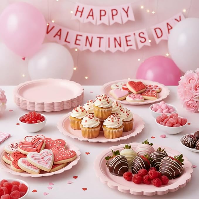 30 Pcs Pink Plates, 7 Inch Pink Dessert Cake Plates Scalloped Small Birthday Party Plate for Wedding, Bridal Baby Shower, Mothers Day