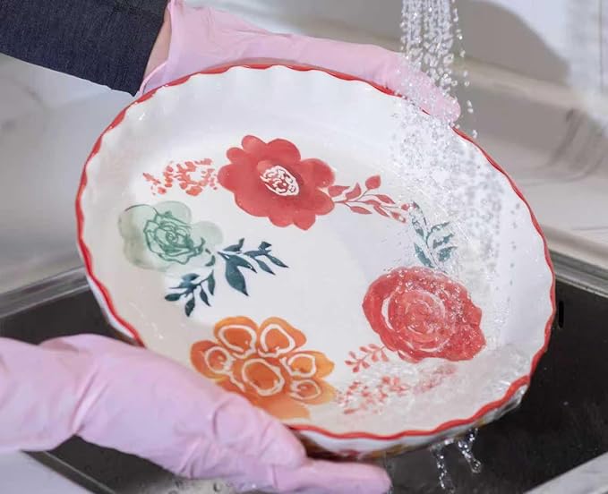 Ceramic Pie Pan Pie Dish for Oven 10 Inch Pie Plate Round Bakeware (Red Lotus)