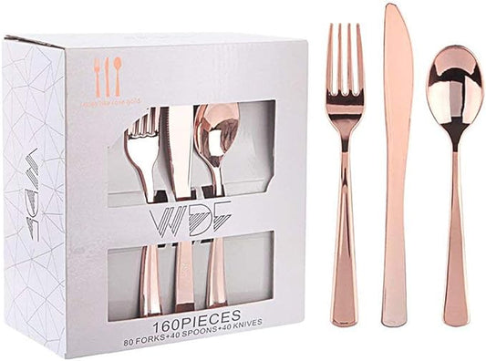 WDF160 Piece Rose Gold Disposable Cutlery Set - Heavyweight Plastic Silverware - Includes 80 Forks, 40 Spoons, 40 Knives - Rose Gold Silverware Perfect for Wedding Party Birthday